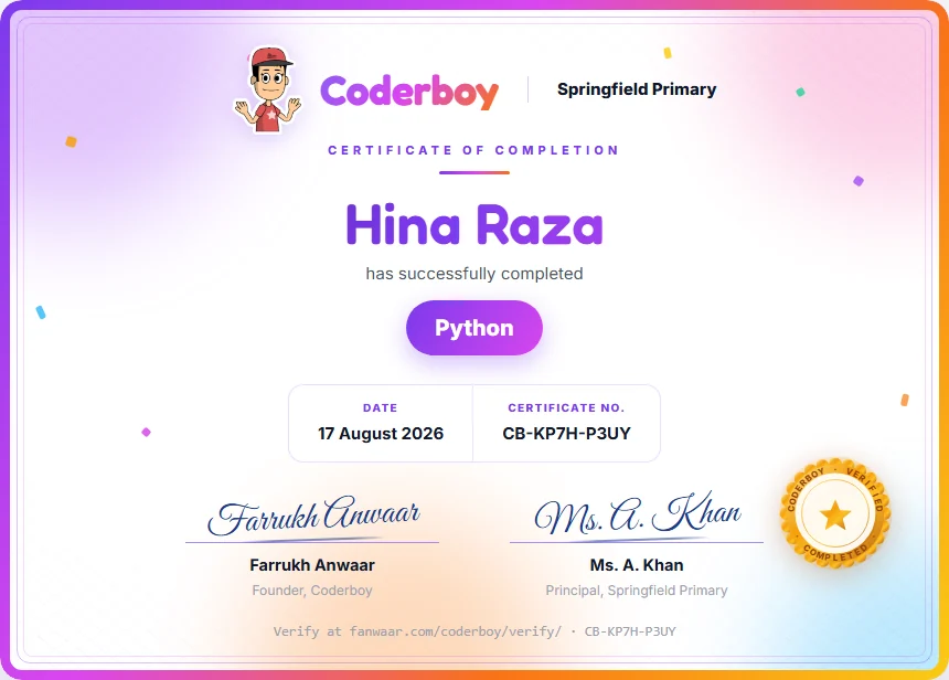 A sample Coderboy Certificate of Completion, showing the learner's name, the course, the date and a certificate number
