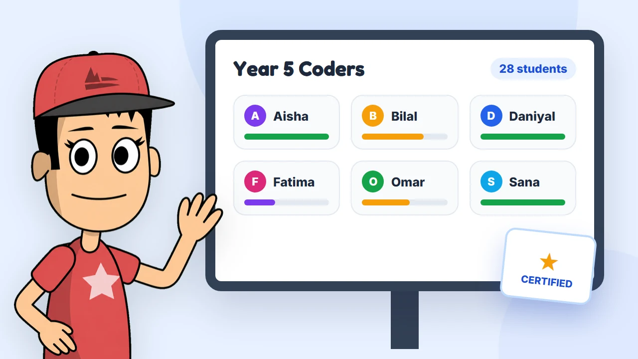 Coderboy waving beside a class board showing each student's progress, with a certified stamp